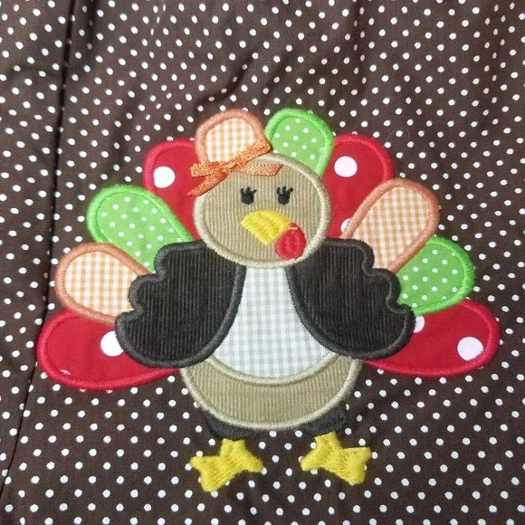 Stelly Belly Turkey Applique Overall Brown/Orange Microdot Ruffled Leg 12 mo‎ - Picture 3 of 7